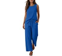 Co Ord Sets for Women Going Out Summer Sleeveless Vest Tops Drawstring Straight Leg Trousers Lounge Wear Set Tracksuits 2 Piece Airport Holiday Travel Outfits Blue