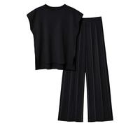 Co Ord Sets For Women Petite, Round Neck Sleeveless Vest Slight Side Slit Tops Elasticated Waist Trousers Pleated Wide Leg Trousers Full Length Pants Plain Sets Elegant Ladies Office Working Suits