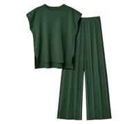 Co Ord Sets For Women Petite, Round Neck Sleeveless Vest Slight Side Slit Tops Elasticated Waist Trousers Pleated Wide Leg Trousers Full Length Pants Plain Sets Elegant Ladies Office Working Suits