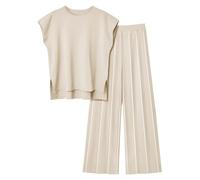 Co Ord Sets For Women Petite, Round Neck Sleeveless Vest Slight Side Slit Tops Elasticated Waist Trousers Pleated Wide Leg Trousers Full Length Pants Plain Sets Elegant Ladies Office Working Suits