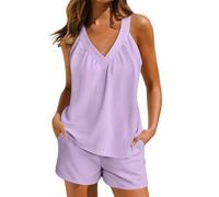 Co Ord Sets for Women Shorts and Top Set Summer 2 Piece Pjs Coord Set Beach Lounge Wear Pyjamas Sets Sleeveless V Neck Tunic Tops Holiday Clothes Airport Outfit Homewear Tracksuits Streetwear