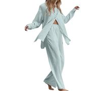 Co Ord Sets For Women Summer 2 Pieces Holiday Outfits Cotton Linen Long Sleeve Button Shirts & Wide Leg Trousers Baggy Lounge Wear Sets Ladies Lightweight Comfy Travel Outfit For Beach Streetwear