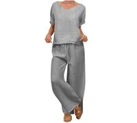 Co Ord Sets for Women Summer Linen Lounge Wear Sets Loose V Neck T Shirts and Wide Leg Trousers Loose Fit Lounge Set Womens Tracksuit Full Set 2 Piece Holiday Outfitss Pyjama Suit Homewear Gray