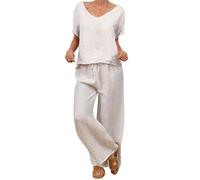 Co Ord Sets for Women Summer Linen Lounge Wear Sets Loose V Neck T Shirts and Wide Leg Trousers Loose Fit Lounge Set Womens Tracksuit Full Set 2 Piece Holiday Outfitss Pyjama Suit Homewear Beige