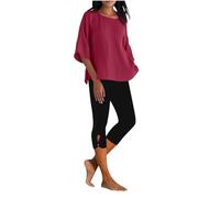 Co Ord Sets for Women Summer Lounge Wear Sets Ladies Linen 3/4 Sleeve Tops+Cropped Leggings Outwear Set Causal 2 Piece Outfits Tracksuit Full Set Leisure Suits Sport Gym Activewear Wine