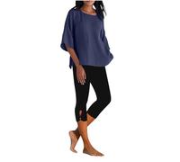 Co Ord Sets for Women Summer Lounge Wear Sets Ladies Linen 3/4 Sleeve Tops+Cropped Leggings Outwear Set Causal 2 Piece Outfits Tracksuit Full Set Leisure Suits Sport Gym Activewear Navy