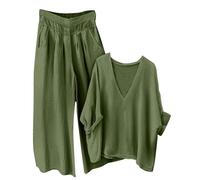 Co Ord Sets for Women Summer Lounge Wear Sets V-Neck Pyjamas Sleeveless Shirt Tops Baggy Trousers 2 Piece Outfits Solid Pj Bottoms Cotton Tops Casual Tracksuit Gym Outfits Streetwear