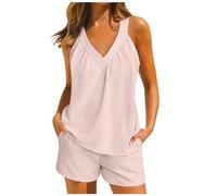Co Ord Sets for Women Summer Two Piece Outfit Homewear Loungewear V Neck Sleeveless Tunic Tops with Shorts Y2K Tracksuits 2 Piece Lounge Set Pyjamas Sets for Holiday Beach Streetwear