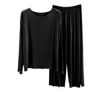 Co Ord Sets for Women UK, Round Neck Long Sleeve Tops Elasticaed Waist Pants Plain Pyjamas Sets Comfortable Soft Lounge Wear Lightweight Homewear Suits for Wutumn Two Piece Set Leisure Outfits Black
