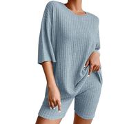 Co Ord Sets Women Indian Style Summer 2 Piece Ladies Lounge Wear Loungewear T Shirt Shirts Suit Outfit Dress Ribbed Women's Sleep Long Sleeve Oversized Casual Baggy Travel Pajamas