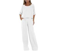 Co Ords Sets for Women UK Crew Neck Three-Quarter Sleeve Pullover Tops and Wide Leg Casual Trousers with Pockets Two Piece Outfits Leisure Suits Vacation Travel