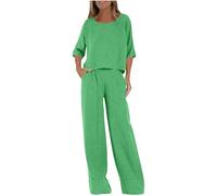 Co Ords Sets for Women UK Crew Neck Three-Quarter Sleeve Pullover Tops and Wide Leg Casual Trousers with Pockets Two Piece Outfits Leisure Suits Vacation Travel