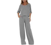 Co Ords Sets for Women UK Crew Neck Three-Quarter Sleeve Pullover Tops and Wide Leg Casual Trousers with Pockets Two Piece Outfits Leisure Suits Vacation Travel