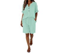 Co Ords Sets For Women UK Plus Size Going Out Holiday Beach Travel Outfits Loose Casual Summer Shorts Leeve V-Neck Cotton Linen Henley Shirts Drawstring Linen Beach Shorts Lounge Sets
