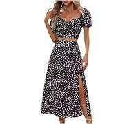 Co Ords Sets for Women UK Sale Clearance Floral Puff Sleeve V Neck Cropped Tops&Slit High Waisted Maxi Skirts Leisure Lounge Wear 2 Piece Outfits Sets Travel Outfits Summer Skirt Sets Tracksuit Black