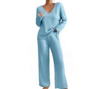 Co Ords Sets for Women UK Two Piece Lounge Sets Tracksuits Knitted Outfit Long Sleeve Solid Color Tops Wide Leg High Waist Trousers Pants Oversized Fluffy Cosy Pyjamas Holiday Dailywear (Blue, XXL)