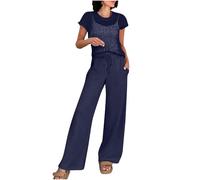 Co Ords Sets For Women Uk Two Piece Outfits Short Sleeve Crew Neck Crochet Tops Tracksuit Drawstring Wide Leg Pants Leisure Casual Solid Womens Loungewear Navy M