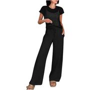 Co Ords Sets For Women Uk Two Piece Outfits Short Sleeve Crew Neck Crochet Tops Womens Loungewear Drawstring Wide Leg Pants Leisure Casual Solid Tracksuit Black S