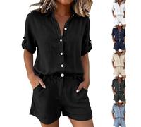 Co Ords Sets for Women UK Womens Cotton Linen 2 Piece Outfits Shorts Coord Sets ummer Short Sleeve Button Down Shirts and Loose Wide Leg Shorts Travel Outfit Airport Set Leisure Lounge Wear Tracksuits