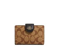 Coach Signature Medium Leather Corner Zip Wallet in Khaki-Black, Style C0082, Khaki-Black, M, Classic