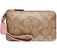 Coach Signature PVC Double Corner Zip Wristlet Wallet Khaki Pink Petal F87591, Small, Pink