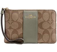 Coach Signature PVC w/Leather Stripe Corner Zip, Khaki/Military Green, One Size