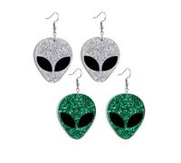 coadipress 2 Pairs Alien Earrings for Women Cute Funny Alien Head Dangle Earrings Novelty Cartoon Green Acrylic Alien Earrings Punk Halloween Jewelry Statement Earrings, Acrylic, No Gemstone