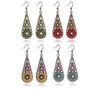 coadipress 4 Pairs Bohemian Crystal Teardrop Dangle Earring for Women Handmade Tribal Retro Copper Crystal Teardrop Hook Earrings National Geometry Enamel Hollow Out Floral Earrings, One Size, Copper