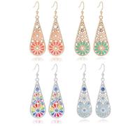 coadipress 4 Pairs Bohemian Crystal Teardrop Dangle Earring for Women Handmade Tribal Retro Copper Crystal Teardrop Hook Earrings National Geometry Enamel Hollow Out Floral Earrings, One Size, Copper