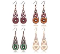 coadipress 4 Pairs Bohemian Crystal Teardrop Dangle Earring for Women Handmade Tribal Retro Copper Crystal Teardrop Hook Earrings National Geometry Enamel Hollow Out Floral Earrings, One Size, Copper