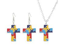 coadipress Autism Awareness Necklaces Earring Set for Women Creative Colorful Autism Awareness Puzzle Heart Earring Funny Geometric Asperger Awareness Necklaces Autism Support Jewelry, M, Alloy Steel