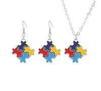 coadipress Autism Awareness Necklaces Earring Set for Women Creative Colorful Autism Awareness Puzzle Heart Earring Funny Geometric Asperger Awareness Necklaces Autism Support Jewelry, M, Alloy Steel