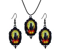 coadipress Goth Black Cat Cameo Necklace Earrings Set for Women Vintage Gothic Black Cat Dangle Earrings and Pendant Necklace Halloween Witch Costume Jewelry Gift, Middle, Metal Glass Enamel, No