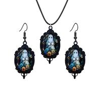 coadipress Gothic Ghost Earrings Necklace Set for Women Vintage Crystal Glass Ghost Cameo Pendant Necklace Cute Goth Ghost Earring Punk Mystic Halloween Jewelry, Middle, Crystal Glass Metal Alloy, No