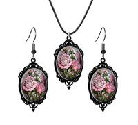 coadipress Gothic Rose Glass Necklace Earrings Set Women Vintage Satin Demon Pendant Rose Flower Earrings Punk Style Victoria Embossed Necklace Mystic Witch Halloween Jewelry, Middle, Metal Glass, No