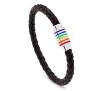 coadipress LGBT Rainbow Bracelet Gay Pride Bracelet for Men Women Leather Weave Plaited Wristband with Rainbow Striped Stainless Steel Clasp Bracelet, L, Stainless Steel, no gemstone
