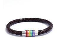 coadipress LGBT Rainbow Bracelet Gay Pride Bracelet for Men Women Leather Weave Plaited Wristband with Rainbow Striped Stainless Steel Clasp Bracelet, L, Stainless Steel, no gemstone