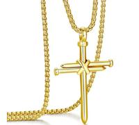 coadipress Nail Cross Necklace for Men Women Stainless Steel Vintage Black Gold Silver Plated Nail Cross Pendant Chain Necklace Christian Jesus Jewelry Gifts, XL, Alloy Steel, No Gemstone