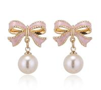 coadipress Pearl Bow Earrings for Women Trendy Stuff Cute Bow Pearl Drop Dangle Earrings Pink Coquette Drop Stud Ribbon Earrings Bowknot Stud Wedding Party Christmas Jewelry Valentines Day Gifts