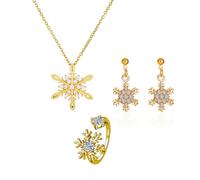 coadipress Snowflake Earrings Necklace Ring Jewelry Set Dainty Crystal Snowflake Flower Pendant Necklace Fashion Sparkling Winter Snowflake Adjustable Ring Christmas Holiday Party Charm Jewelry, M