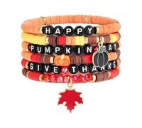 coadipress Thanksgiving Bracelets for Women Fall Autumn Stackable Clay Beaded Heishi Stretch Bracelets Adjustable Pumpkin Turkey Maple Leaf Charm Bracelets Jewelry, Adjustable, Clay Plastic, no