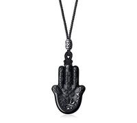 COAI Adjustable Nylon Cord Hamsa Hand Obsidian Black Stone Necklace