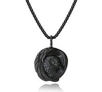 COAI Bold Eagle Black Obsidian Men's Viking Necklace, Stainless Steel Box Chain 60cm