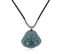 COAI Dark Green Jade Necklace for Women Men, Black Nylon Cord Laughing Buddha Pendant Necklace for Men Women