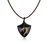 COAI Dragon Shield Pendant Black Obsidian Necklace for Men, Genuine Leather Necklace for Men Women