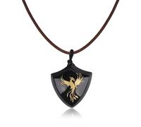 COAI Genuine Leather Necklace for Men Women, Phoenix Shield Pendant Black Obsidian Necklace for Men