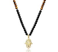 COAI Hamsa Hand Black Obsidian Tiger Eye Stone Beaded 108 Mala Necklace