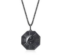 COAI Men's Black Stone Necklace Eight Diagrams Yin Yang Obsidian Necklace for Men, Stainless Steel Necklace