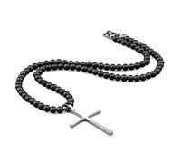 COAI Onyx Crystal Beaded Necklace for Men, Silver Cross Necklace for Men