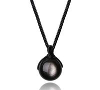COAI Round Bead Silver Sheen Obsidian Simple Stone Pendant Necklace for Women Men